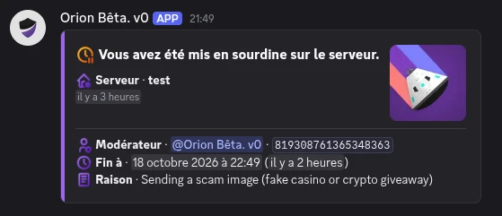 Message privé d’Orion dans Discord : « Vous avez été mis en sourdine sur le serveur », avec le serveur, le modérateur, la fin de la sanction et la raison.